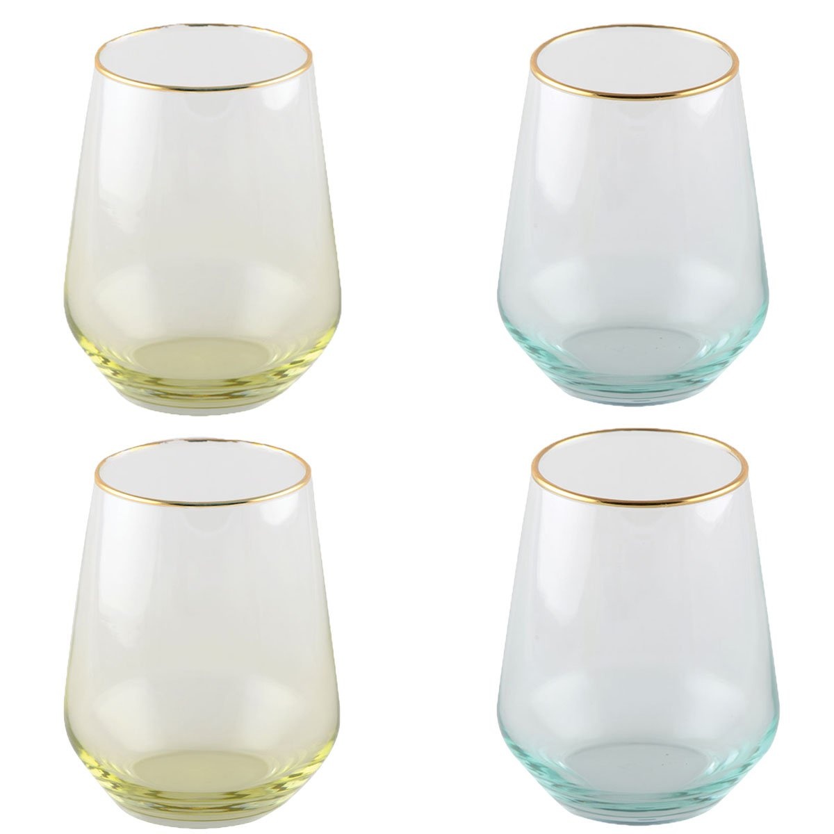 crystalex Gelbe und blaue Wassergläser mit vergoldetem Rand. Set mit 4 Stück
