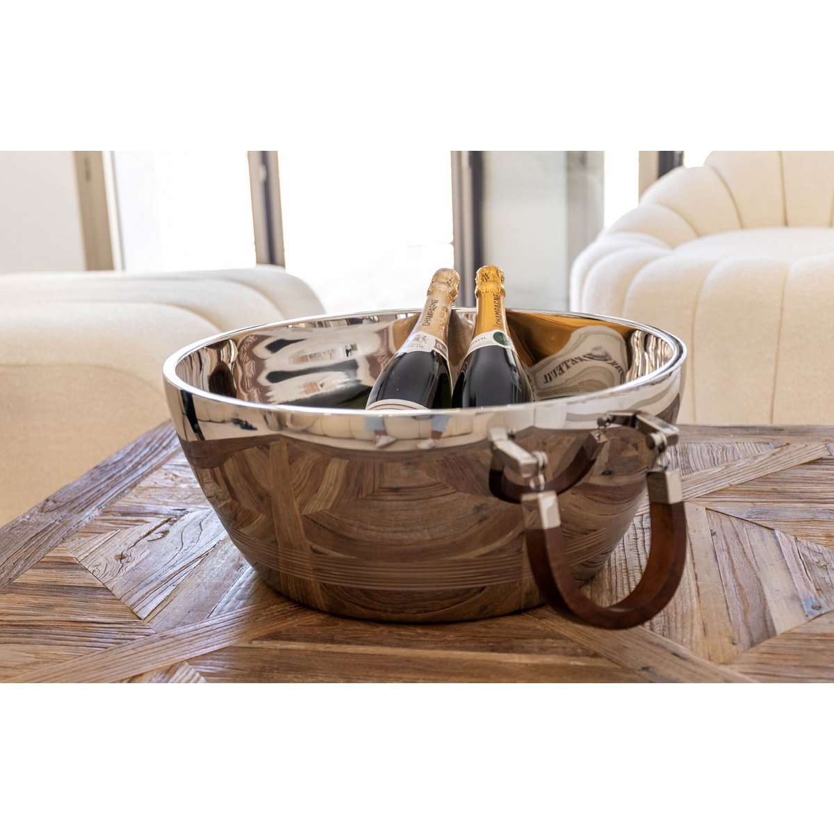Dubbele muur champagne emmer met houten handvat 48x48x20cm