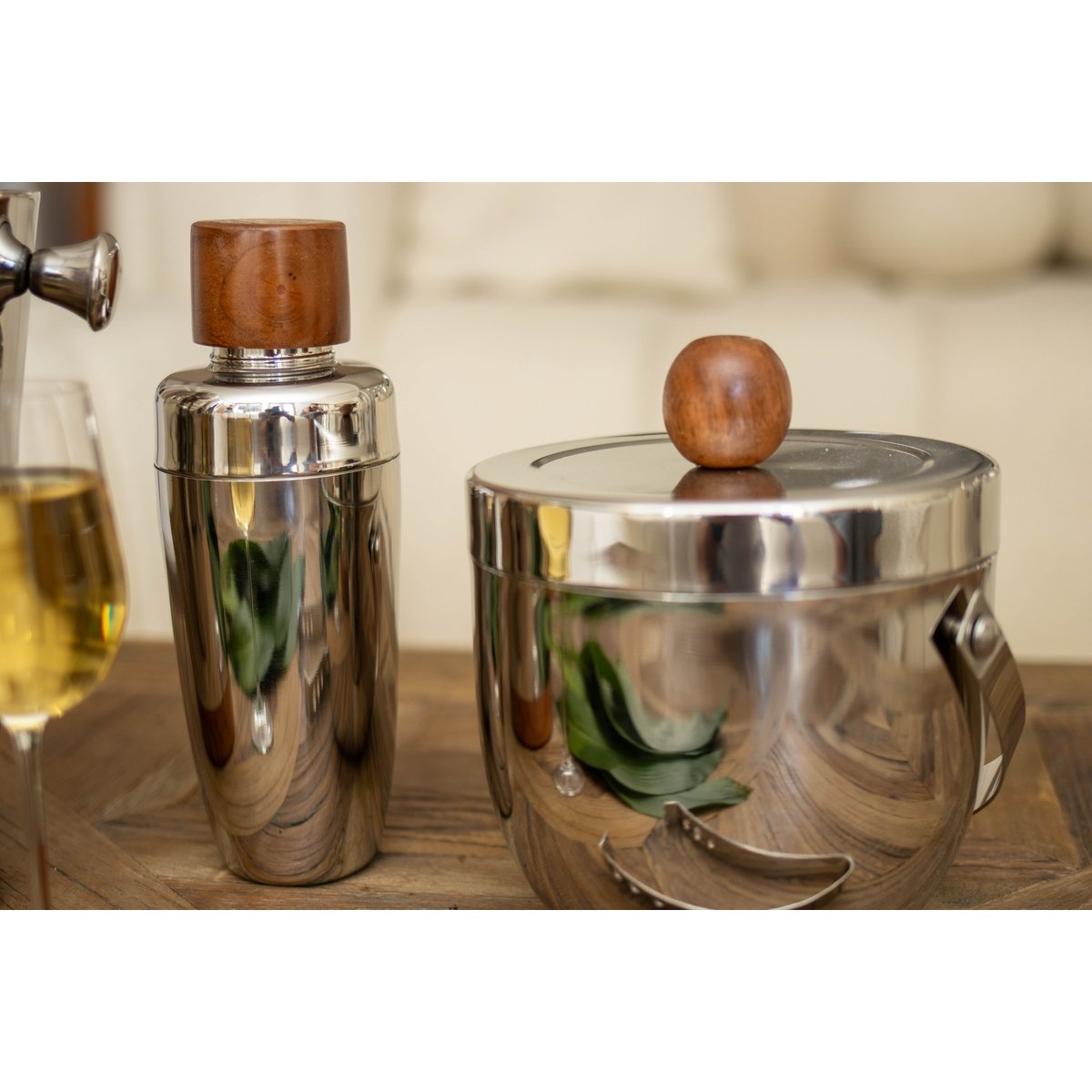 Hout- en zilveren cocktailshaker 8,5x8,5x24cm