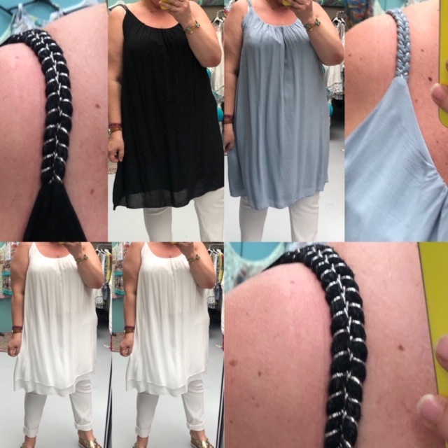 TOPS JURKJES MET GEVLOCHTEN BANDJES ZILVER MATEN 48/50 TOT 56