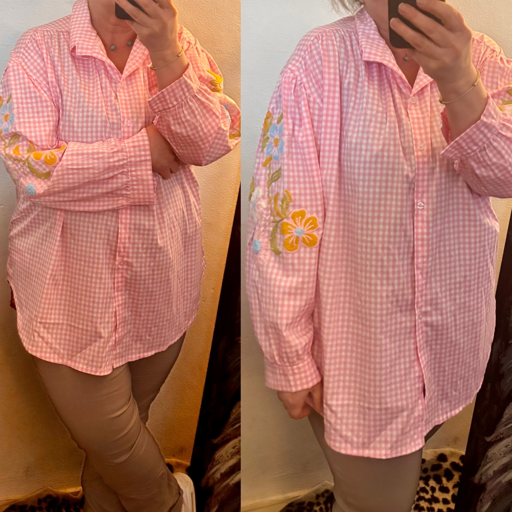 KATOEN BLOUSJE RUIT/ BORDUUR MATEN 44 TOT 52