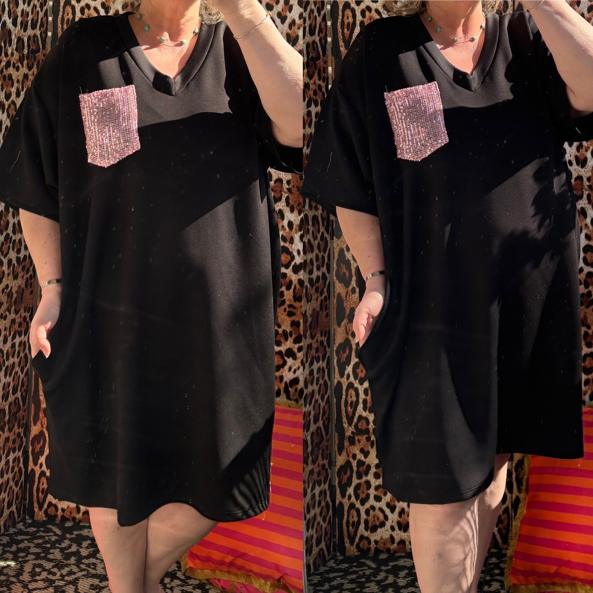 SWEATERDRESS V HALS BLING MATEN 46 TOT 54