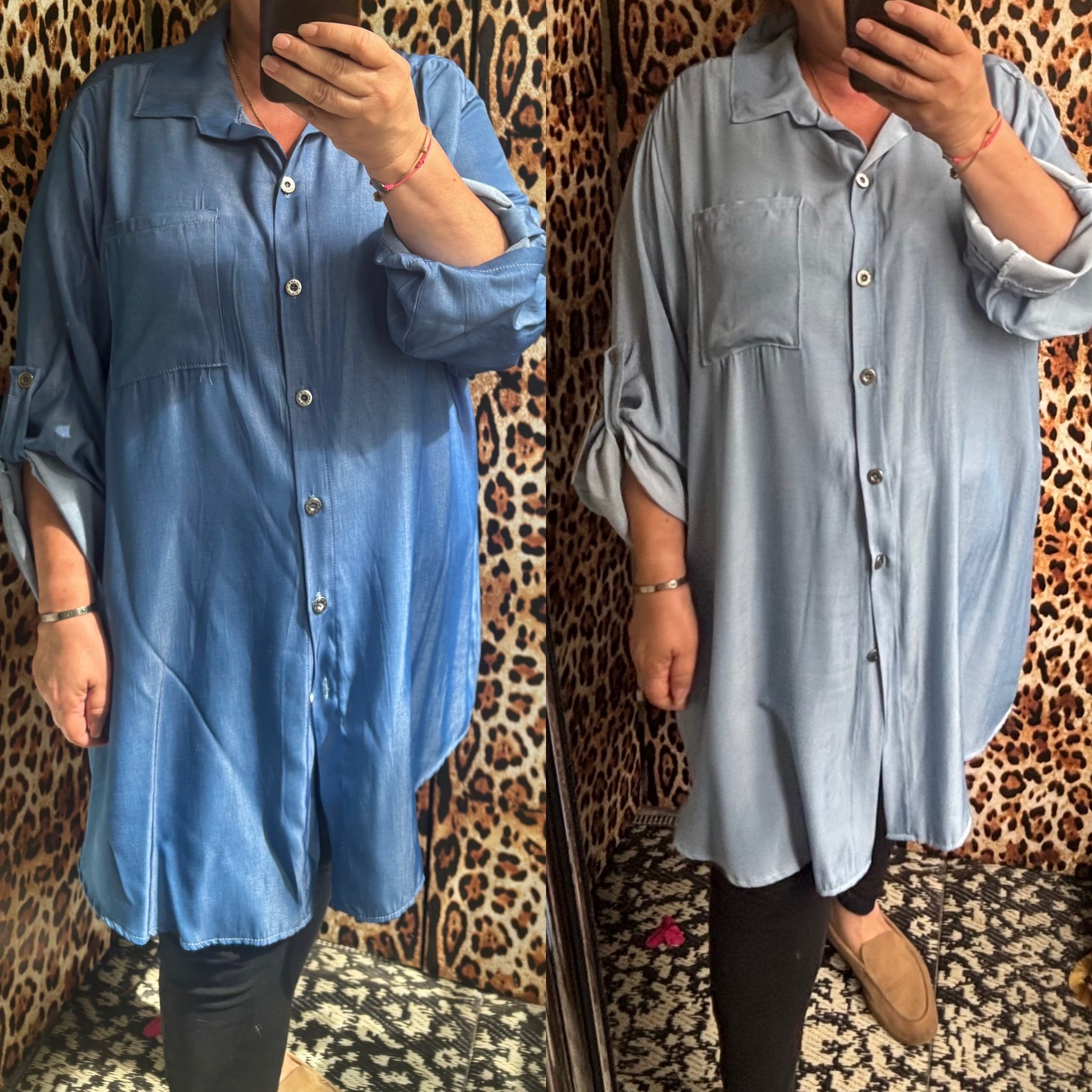 JEANS LOOK GLANS LICHT OF DONKER BLOUSE MATEN 46 TOT 52