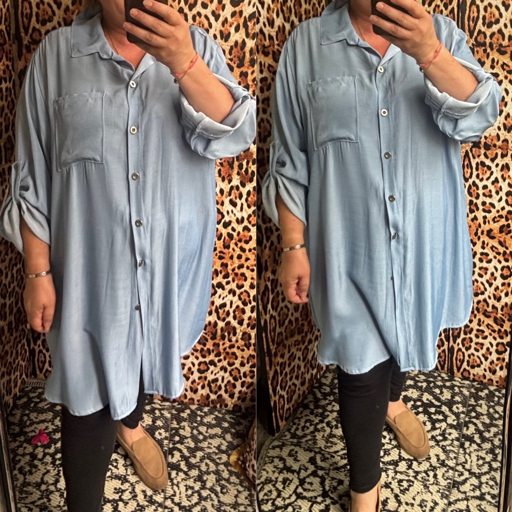 JEANS LOOK GLANS LICHT OF DONKER BLOUSE MATEN 46 TOT 52