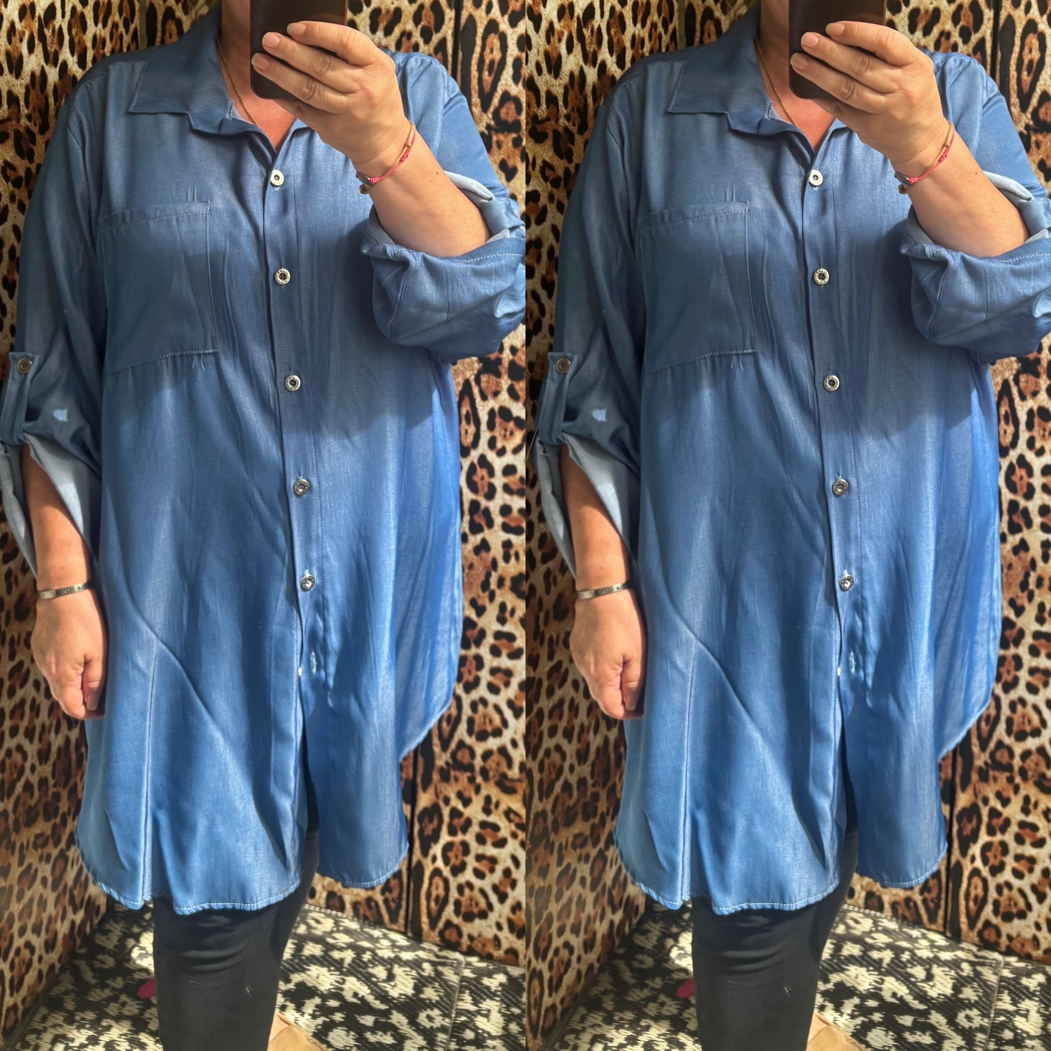 JEANS LOOK GLANS LICHT OF DONKER BLOUSE MATEN 46 TOT 52