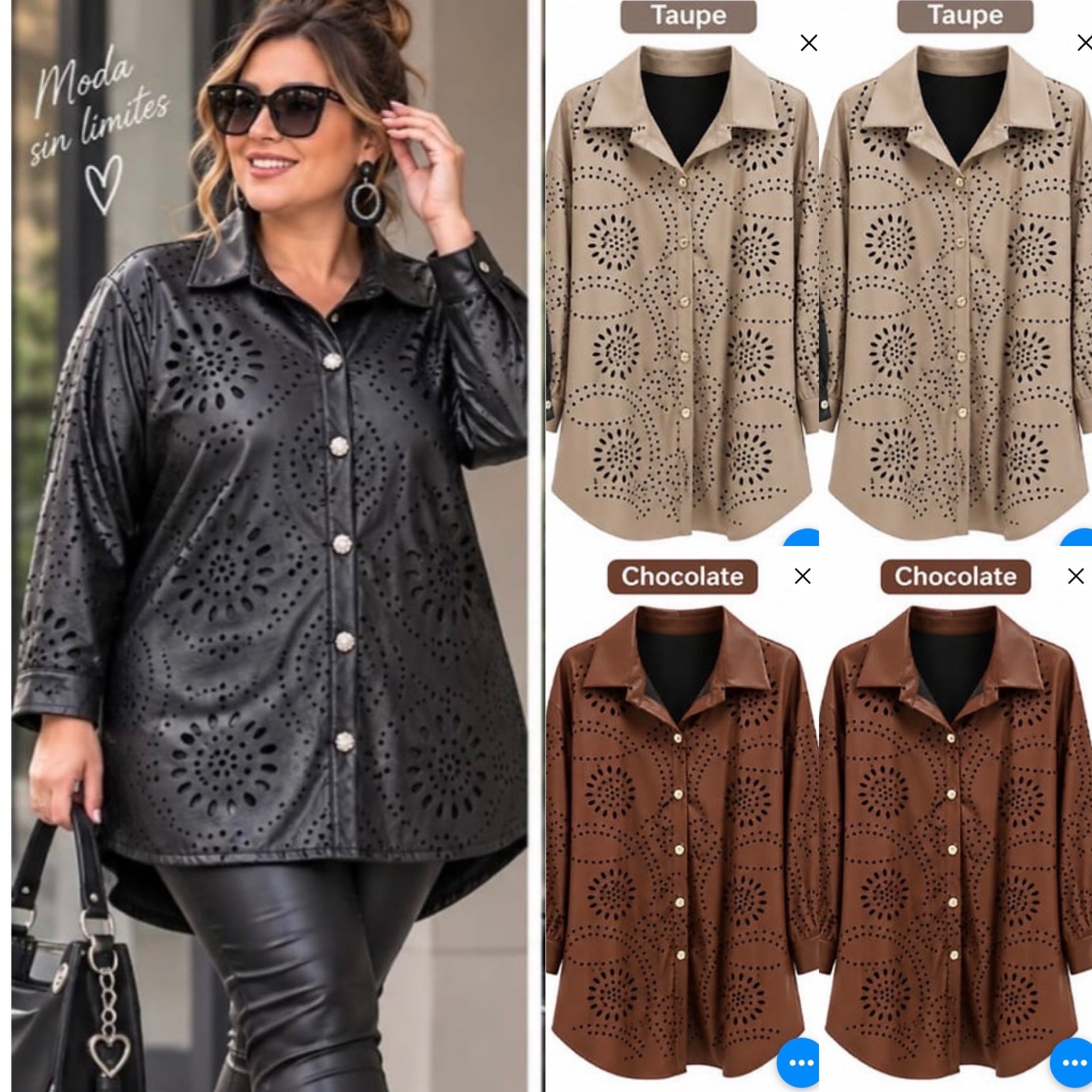LEATHER LOOK BLOUSE GEPERFOREERD MATEN 44 TOT 52