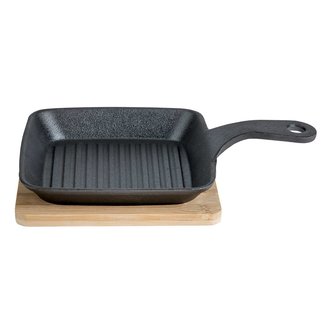 C&T Grill pan - Black - 15x15x2cm - Bamboo Base - Cast iron .