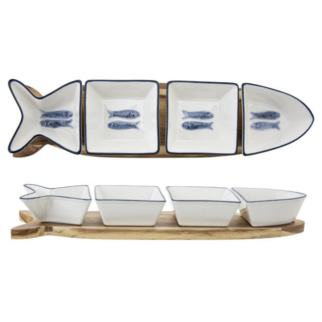 C&T Branzino Aperoset 5pcs 37x9,5xh4,8cmfish Shape - 4 Dishes + Wooden Base