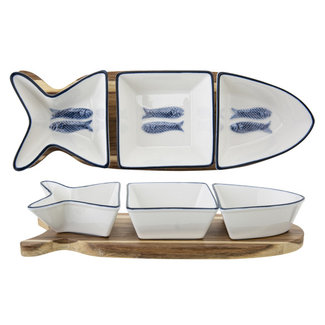 C&T Branzino Set Apero 4pcs 27,7x9,5xh4,8cmforme Poisson - 3 Coupelles + Base Bois