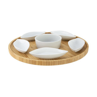 C&T Serving Plate D26xh3cm Round Bamboo+6ceramic Bowls (11.5x5x25cm)