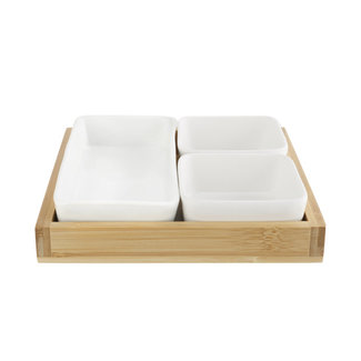 C&T Acacia - Aperitif Board - 3 Bowls - Ceramic - (Set of 2)