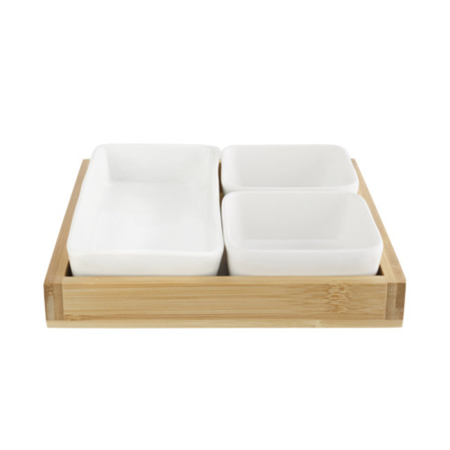 C&T Acacia - Aperitif Board - 3 Bowls - Ceramic - (Set of 2)