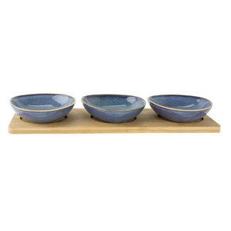 C&T Kp Serving Plate 31x11xh4cm Bamboo + 3 Bowls Ceramic Blue