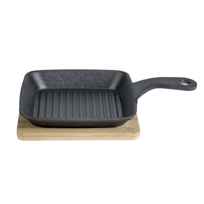 C&T Cast Iron Grill Pan With Steel Coated 15x15x2cm - Bamboo Base Kp