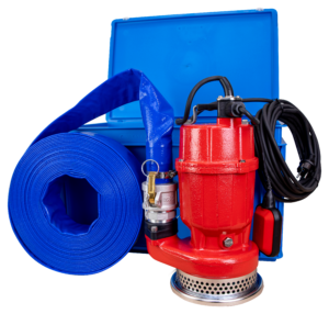 Dompelpomp AS-400A met vlotter in handige transport / opberg box en 20mtr slang inclusief Camlock snelkoppeling.