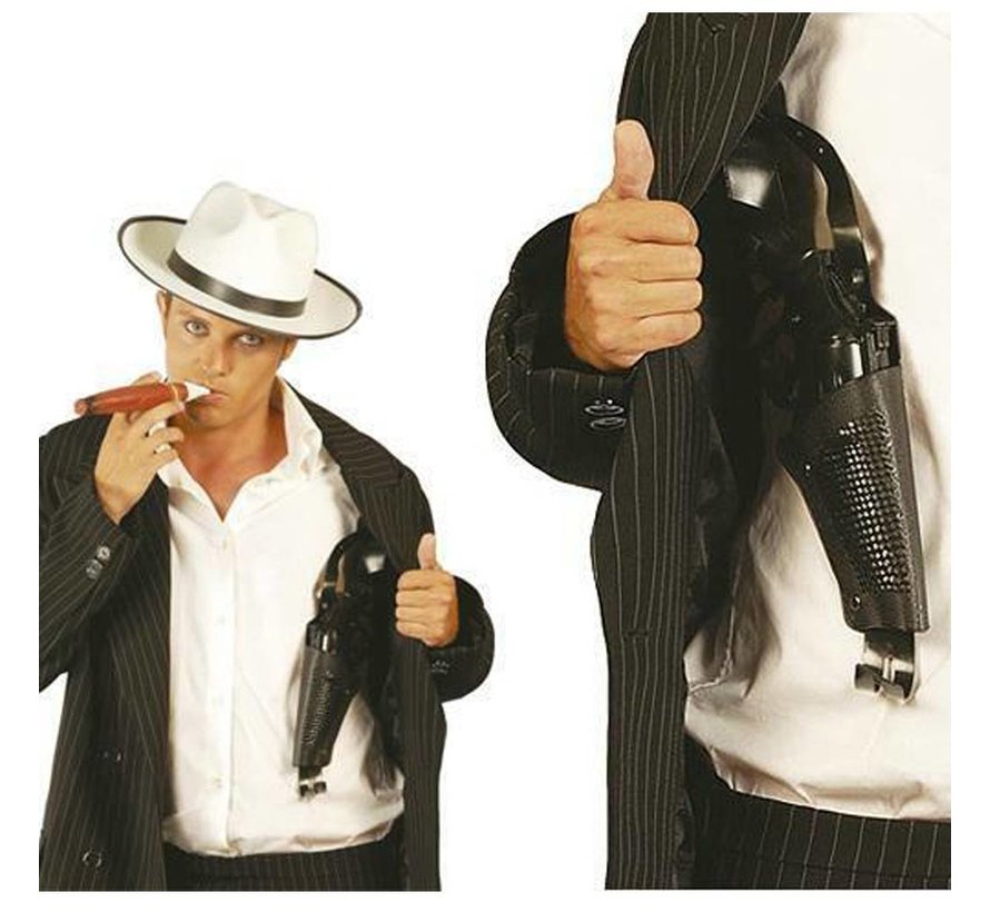 zwarte schouderholster met plastic revolver