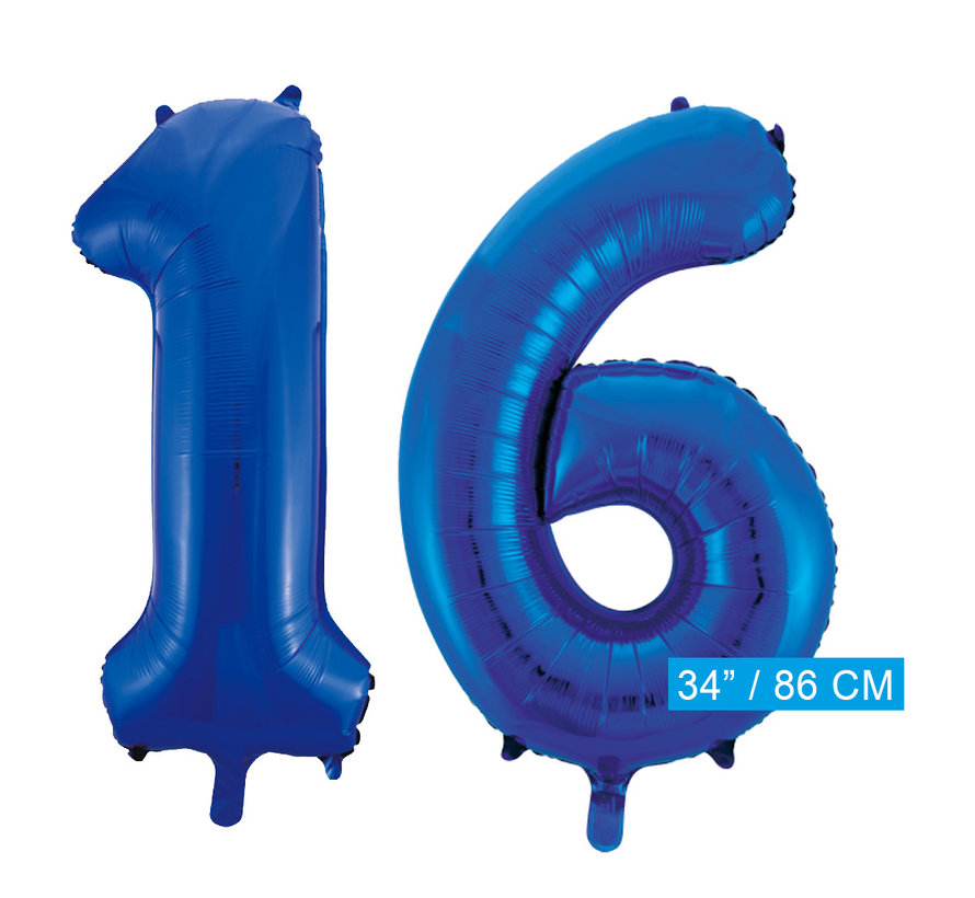 Blauwe folie ballonnen cijfer 16