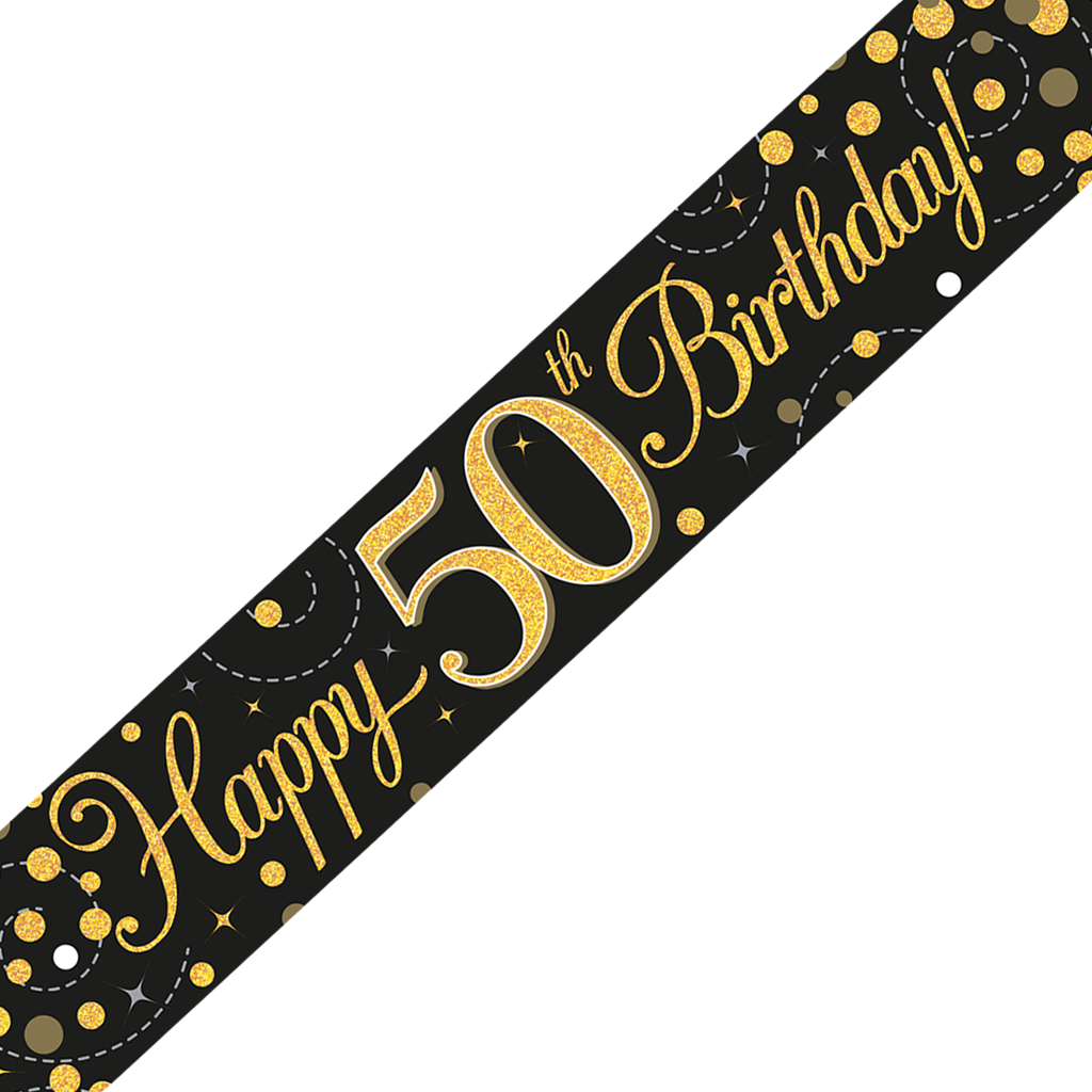 cafe Pionier Toneelschrijver Happy Birthday banner 50 jaar goud zwart - Partycorner.nl