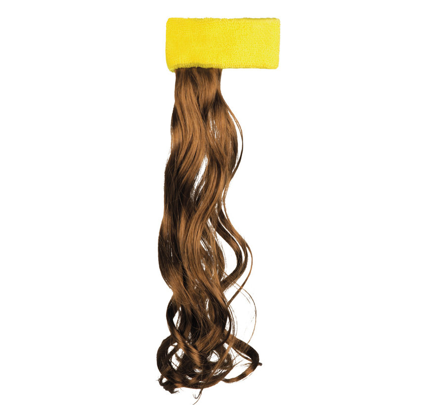 Gele haarband met bruin haar