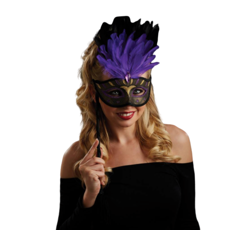 Dames oogmasker met blauwe veren