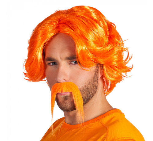 Oranje pruik met snor