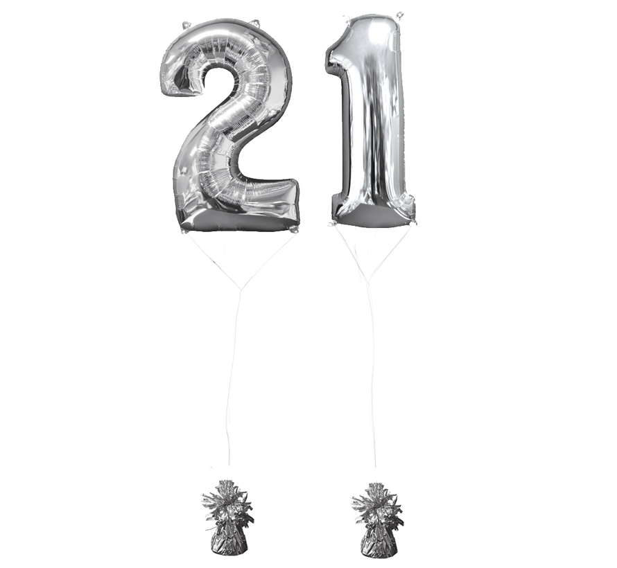 Helium gevulde cijfers 21 ballonnen zilver
