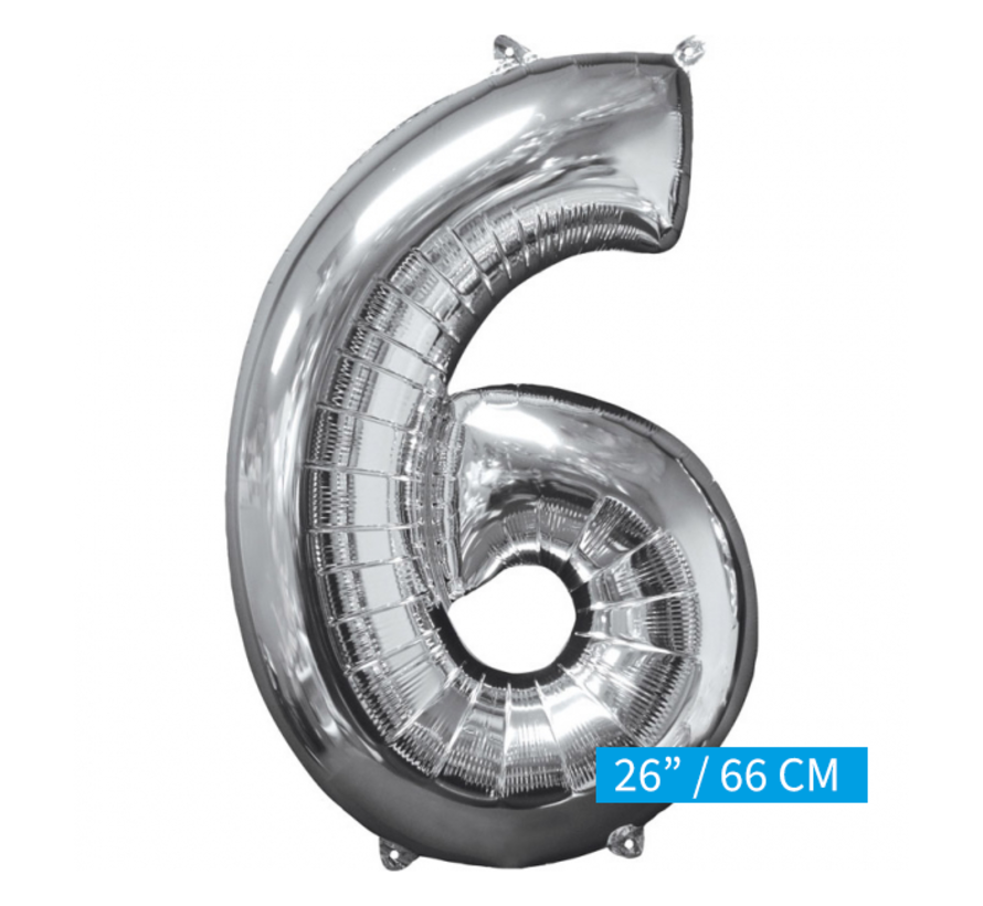 Helium gevulde cijfer 6 ballon zilver