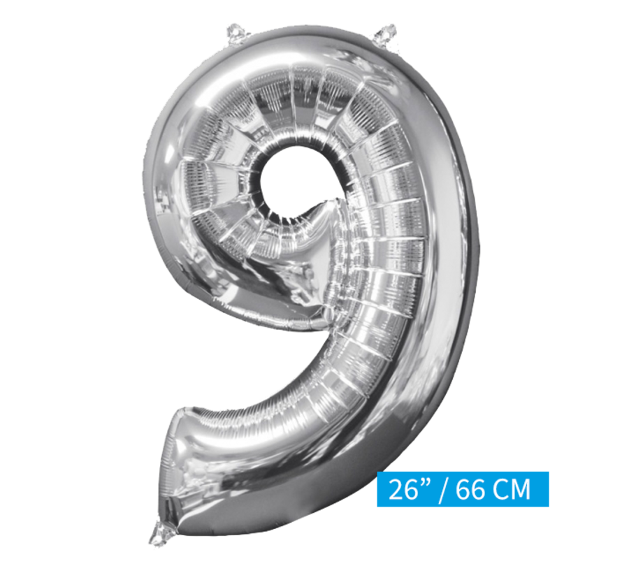 Helium gevulde cijfer 9 ballon zilver