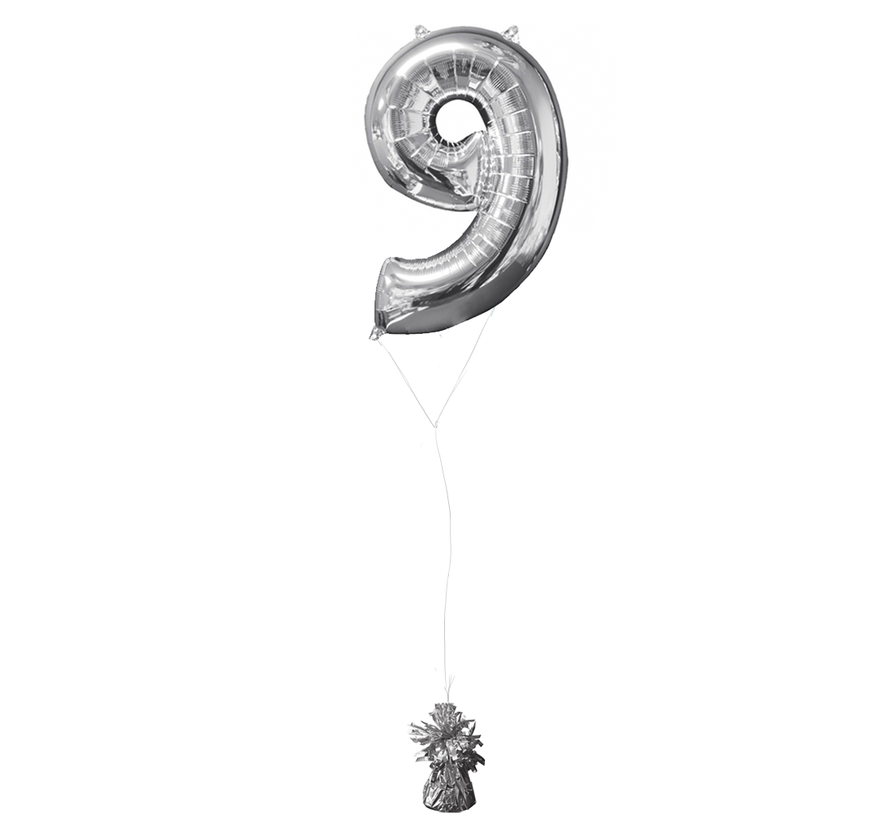 Helium gevulde cijfer 9 ballon zilver
