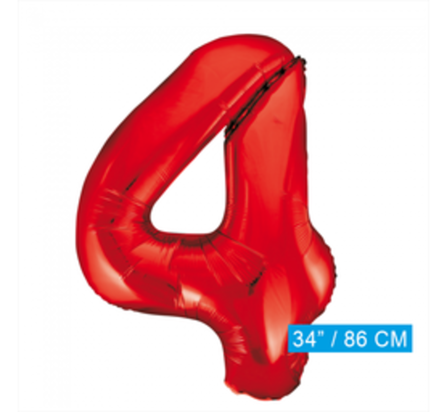 Rode cijfer ballon 4 inclusief helium gevuld