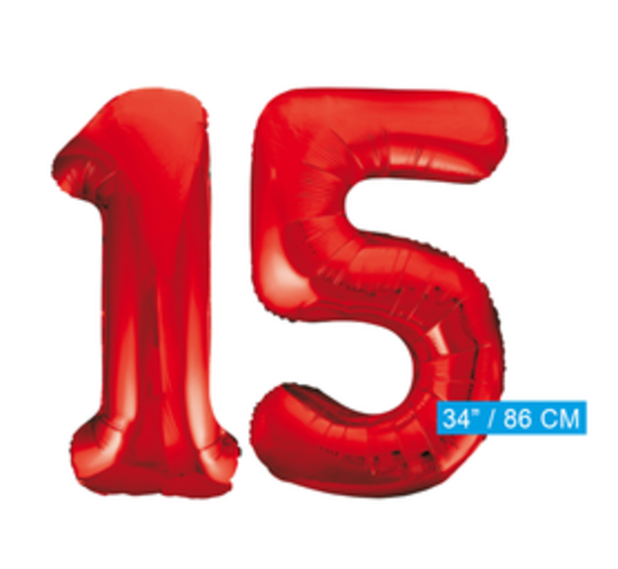 Rode cijfer ballon 15 inclusief helium gevuld