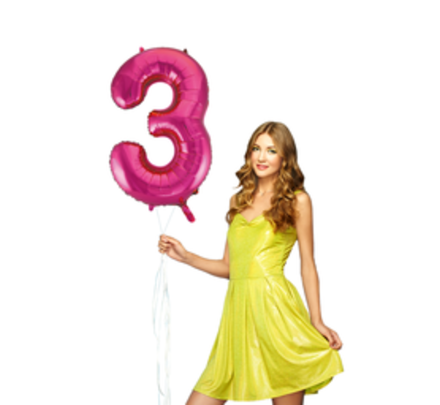 Pink cijfer ballon 3 inclusief helium gevuld