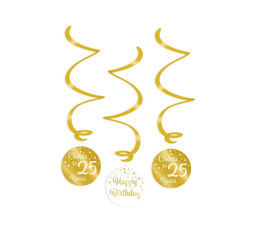 Verjaardag swirl decoraties 25 jaar goudkleurig en wit