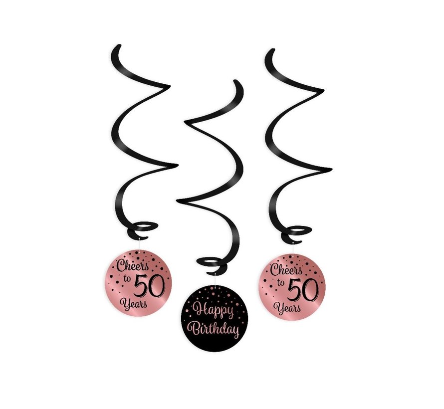 Verjaardag swirl decoraties 50 jaar roségoud en zwart