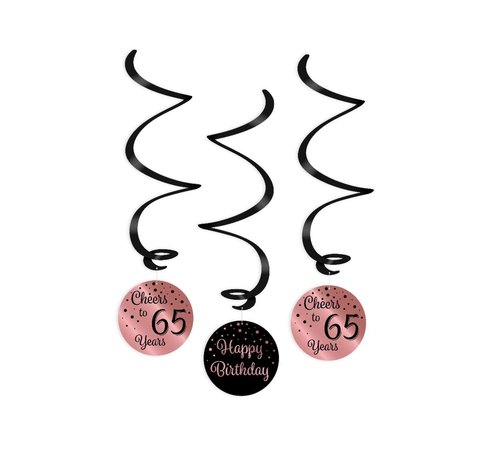 Verjaardag swirl decoraties 65 jaar roségoud en zwart