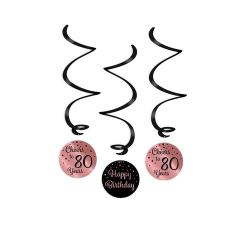 Verjaardag swirl decoraties 80 jaar roségoud en zwart