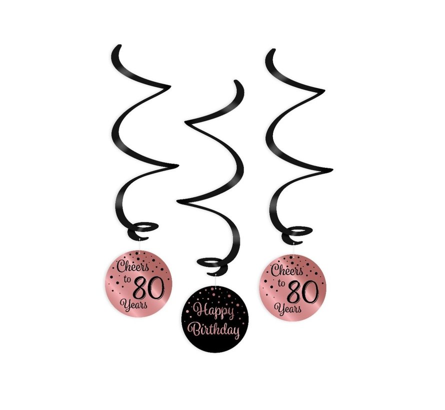 Verjaardag swirl decoraties 80 jaar roségoud en zwart