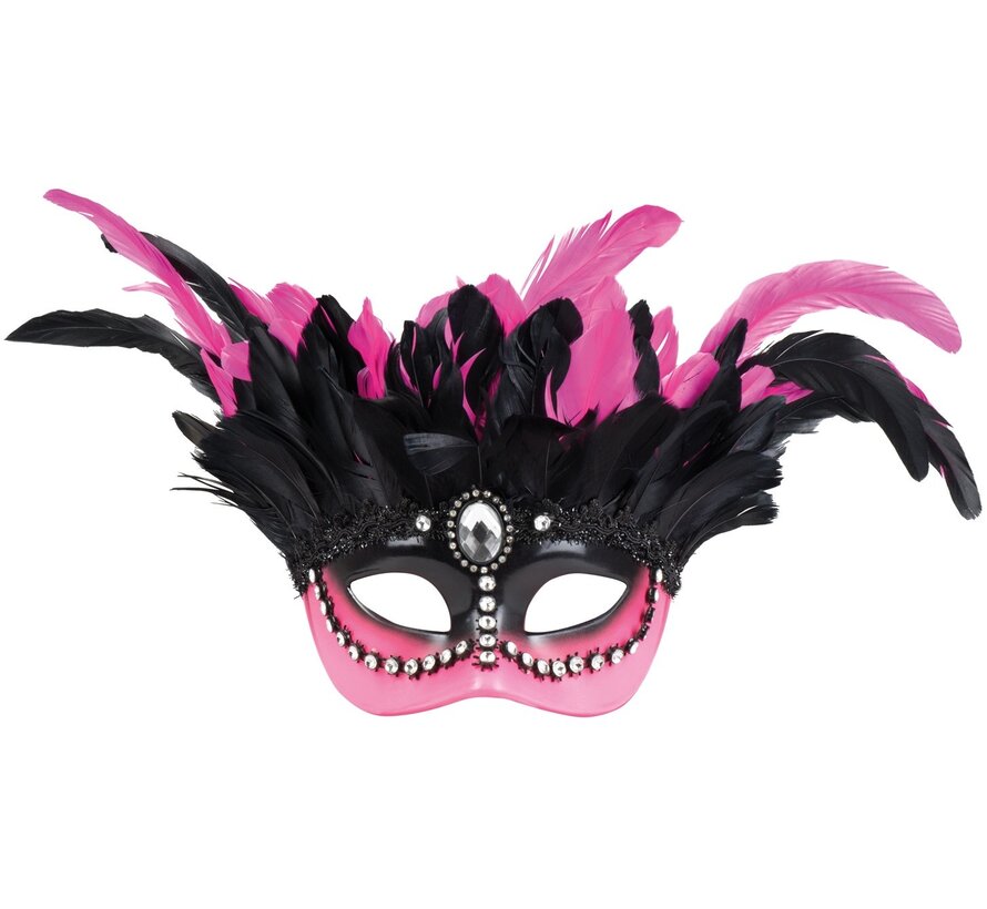 Venetiaans  masker Pink met zwarte veren