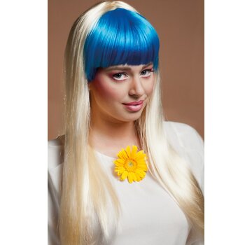 Blonde pruik met blauwe pony