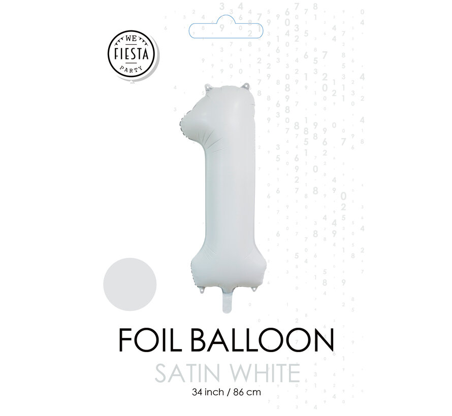 folieballon cijfer 1 mat wit metallic