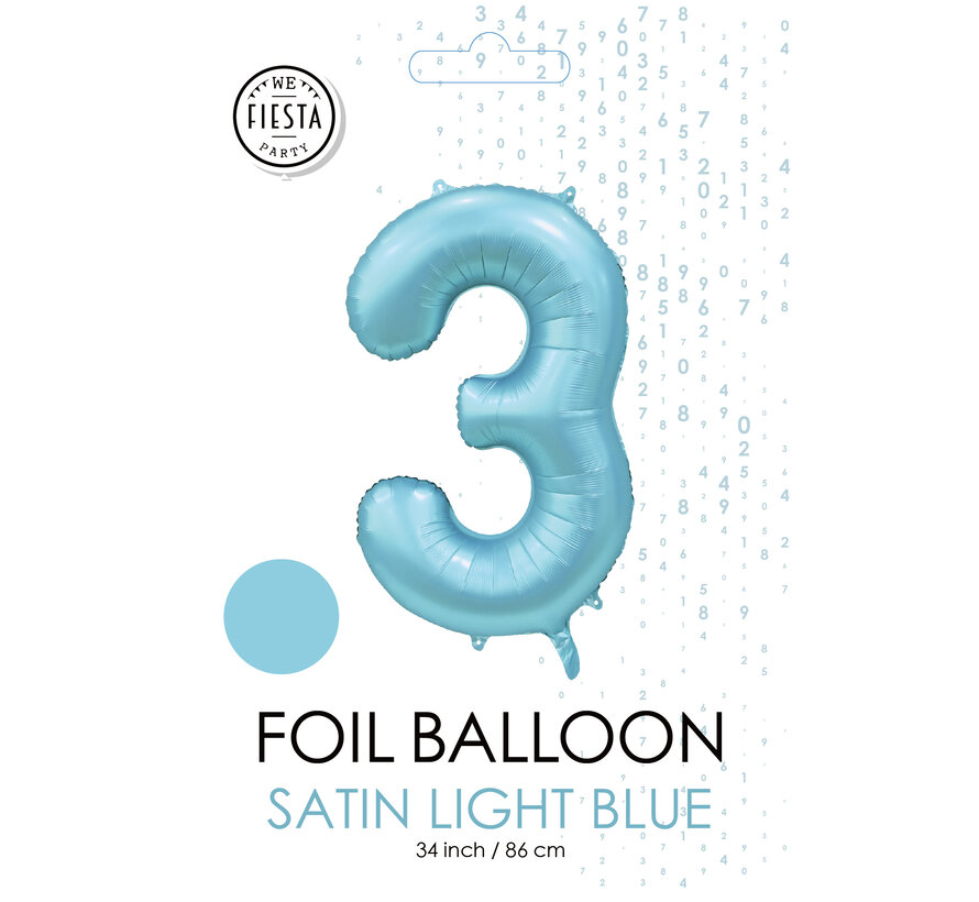 folieballon cijfer 3 mat licht blauw metallic