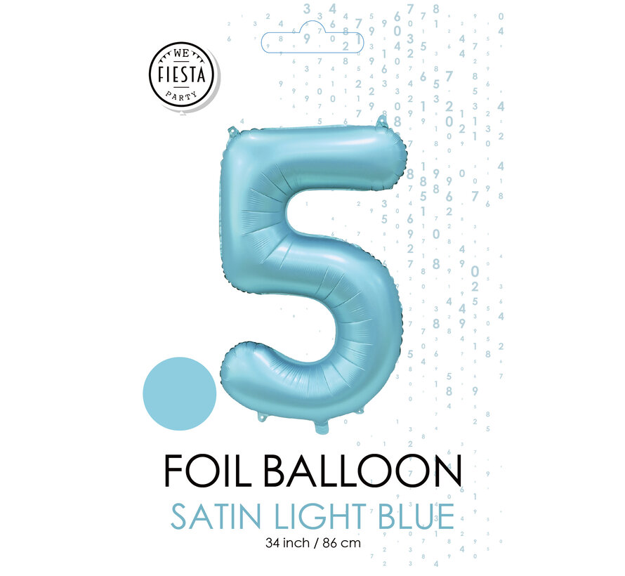 folieballon cijfer 5 mat licht blauw metallic