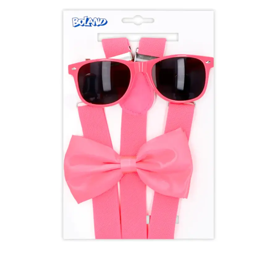 Neon roze bretels met vlinderdas en bril set