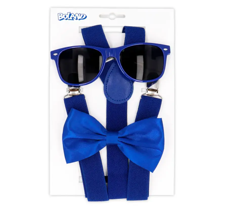 Blauwe bretels met vlinderdas en bril set