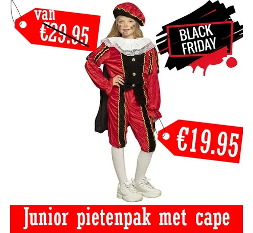 Meisjes Pietenpak  met cape junior rood/zwart 10-12 jaar