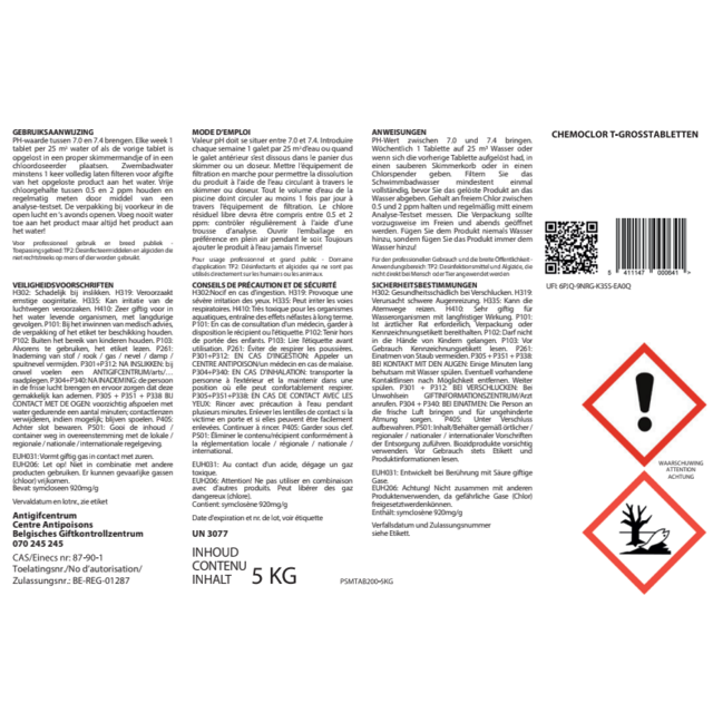 Chlorine tablets 50 x 20 gr. 1 kg suitable for Spa.