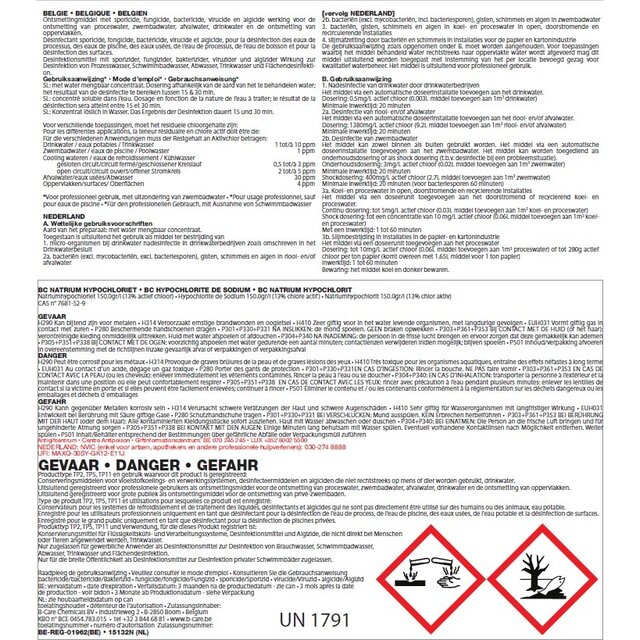 Vloeibare chloor 47/50 Natrium Hypochloriet  13%  20L