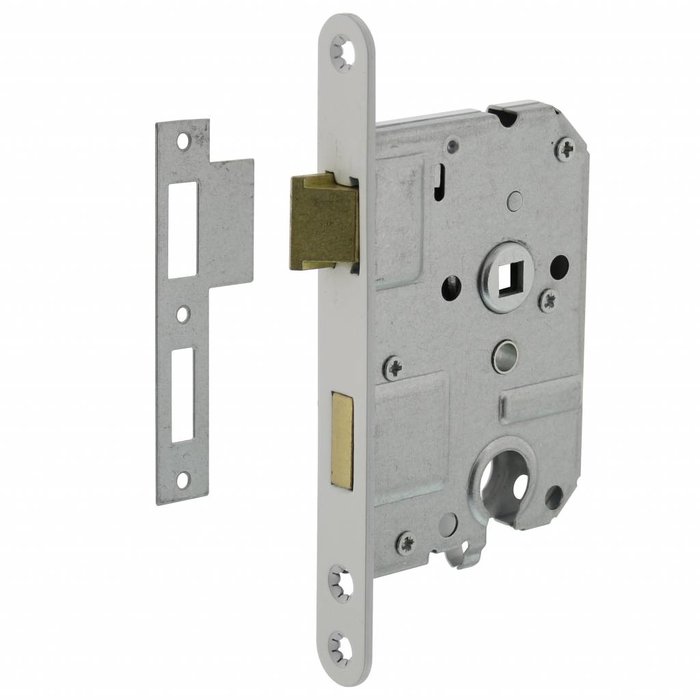 Intersteel White cylinder lock with an axle size of 55 mm, rounded front plate 20x175 mm, backing 50 mm incl. striking plate