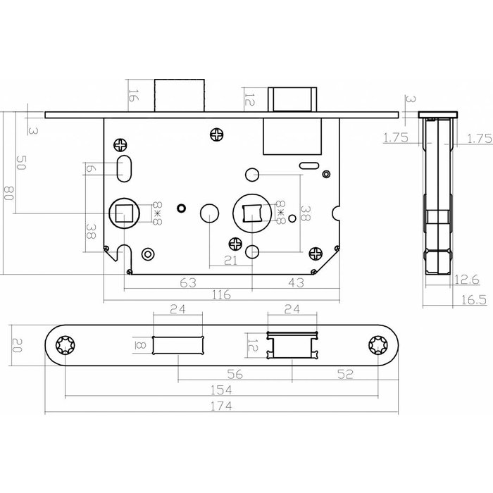 Intersteel Weißes WC-Schloss mit Achsgröße 63/8 mm, abgerundeter Frontplatte 20 x 175 mm, Stift 50 mm inkl. Schließblech