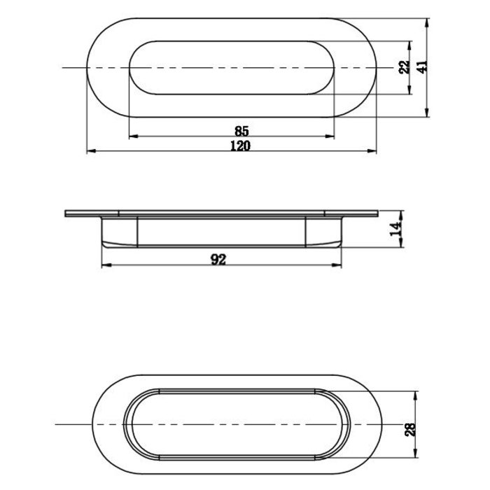 In-Door Porte coulissante bol ovale 120x40mm en acier inoxydable chacun